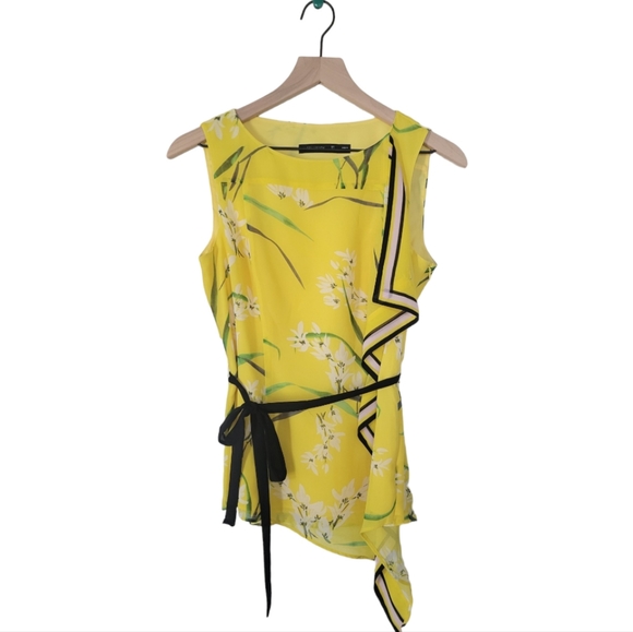 Karen Millen Tops - Karen Millen Yellow Floral Sleeveless Assymetrical Blouse Size 4